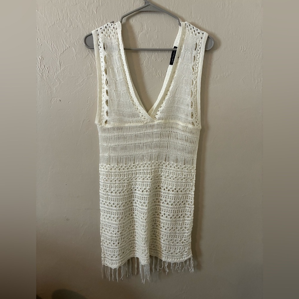 Crochet V-Neck Fringe Dress - Cream
